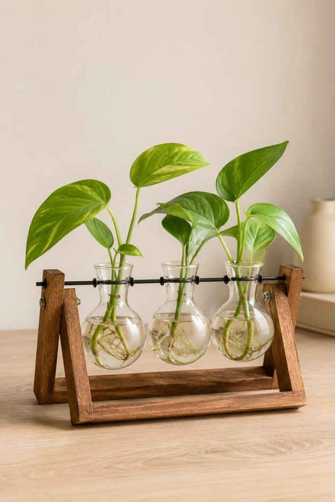 Wooden propagation station with three glass bulb vases