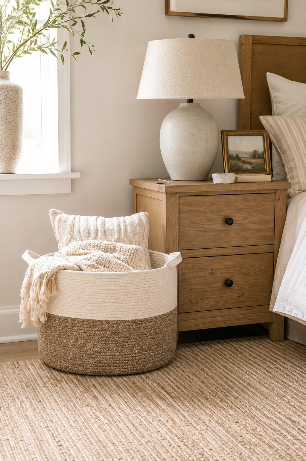 Large woven cotton rope storage basket with handles