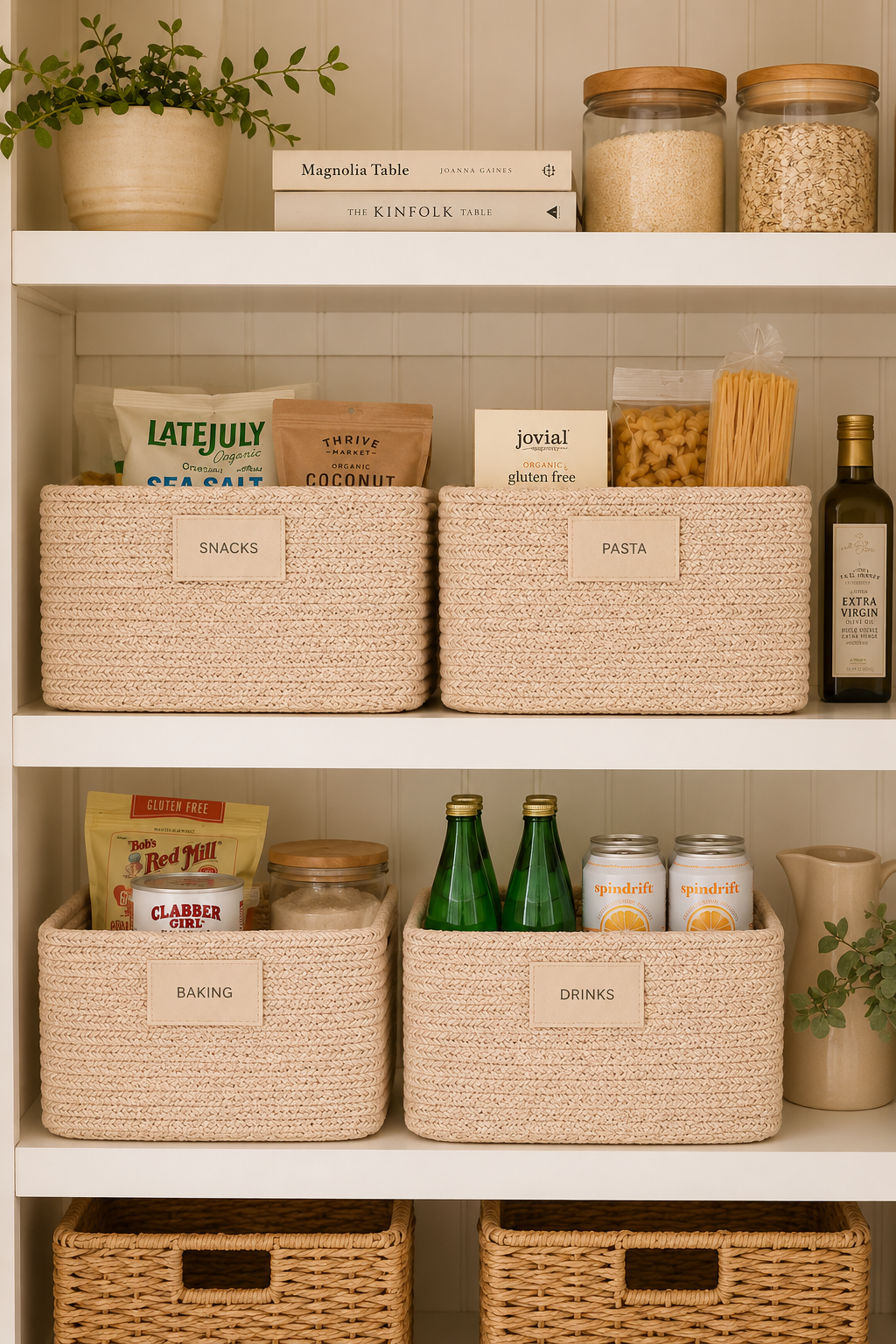 Four woven cotton rope storage baskets stacked