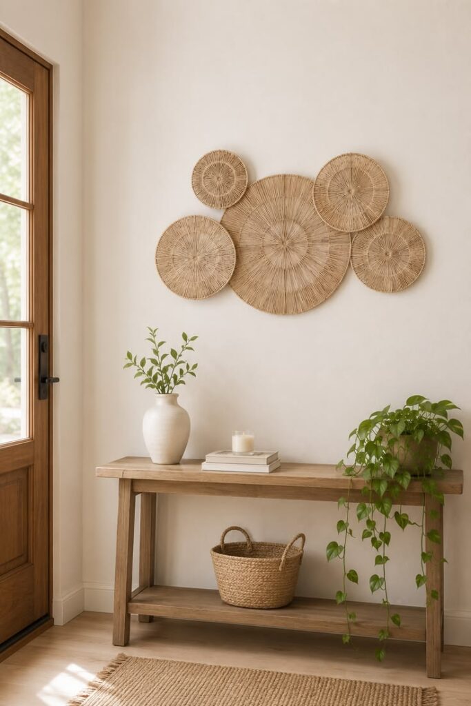 Set of five round woven jute wall plates arranged on white wall