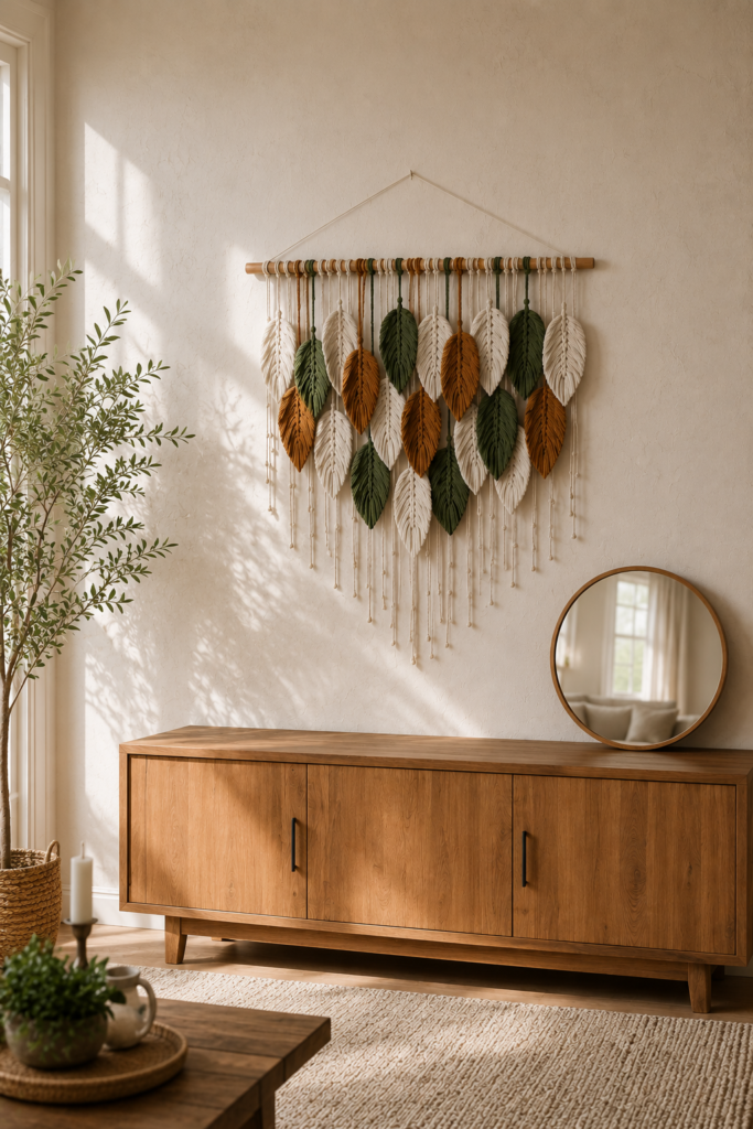  large woven leaf macrame hanging above black console table