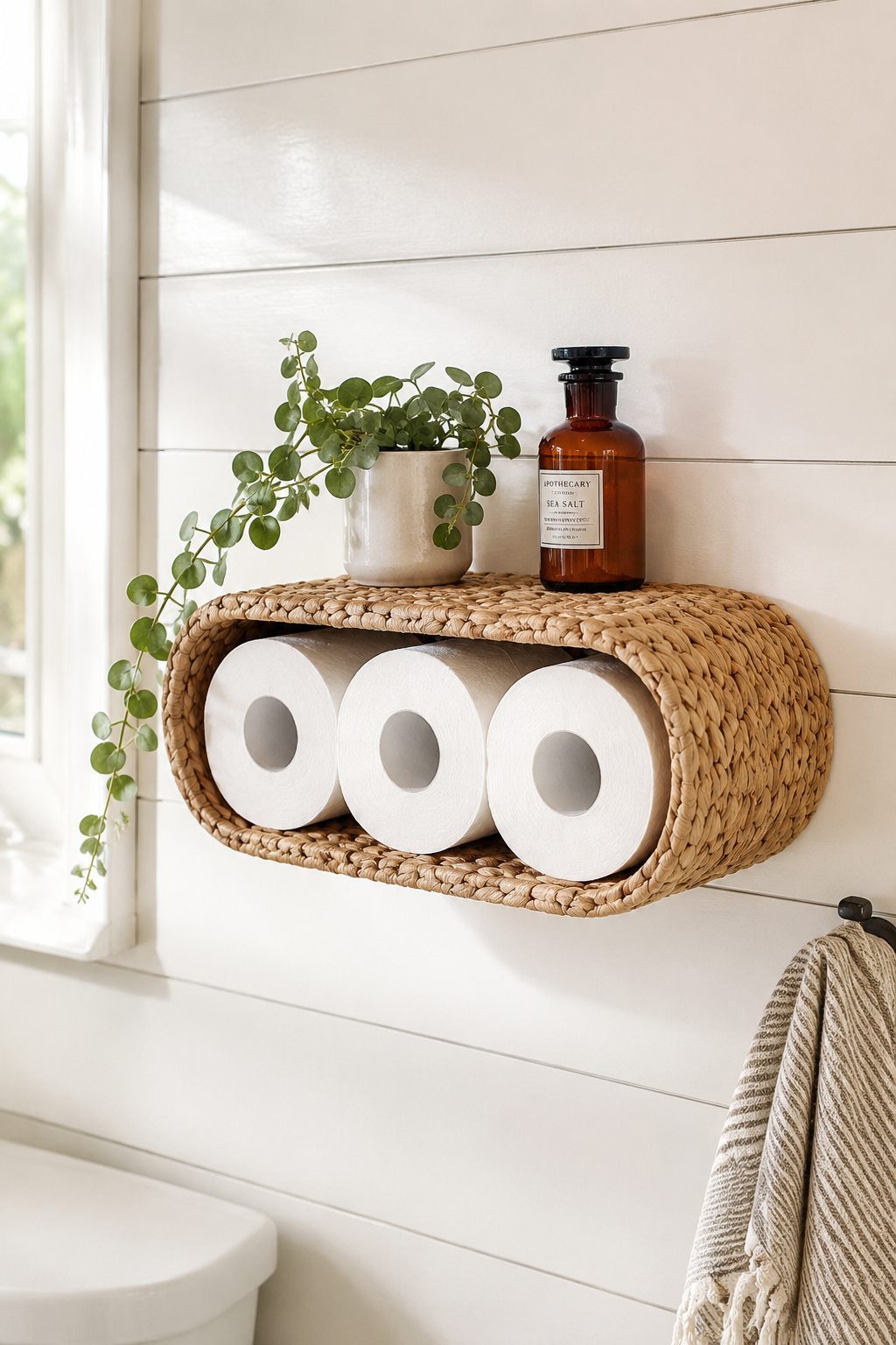 Woven water hyacinth wall shelf holding toilet paper rolls in bathroom