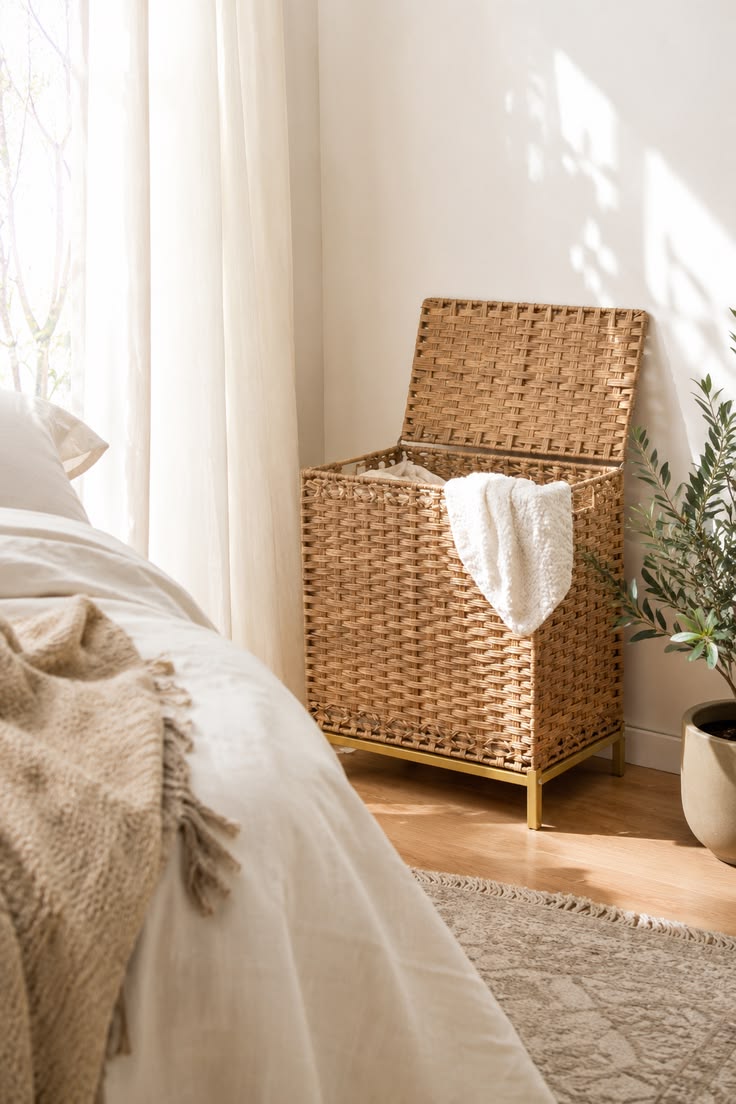 Woven rattan laundry hamper with lid and metal feet
