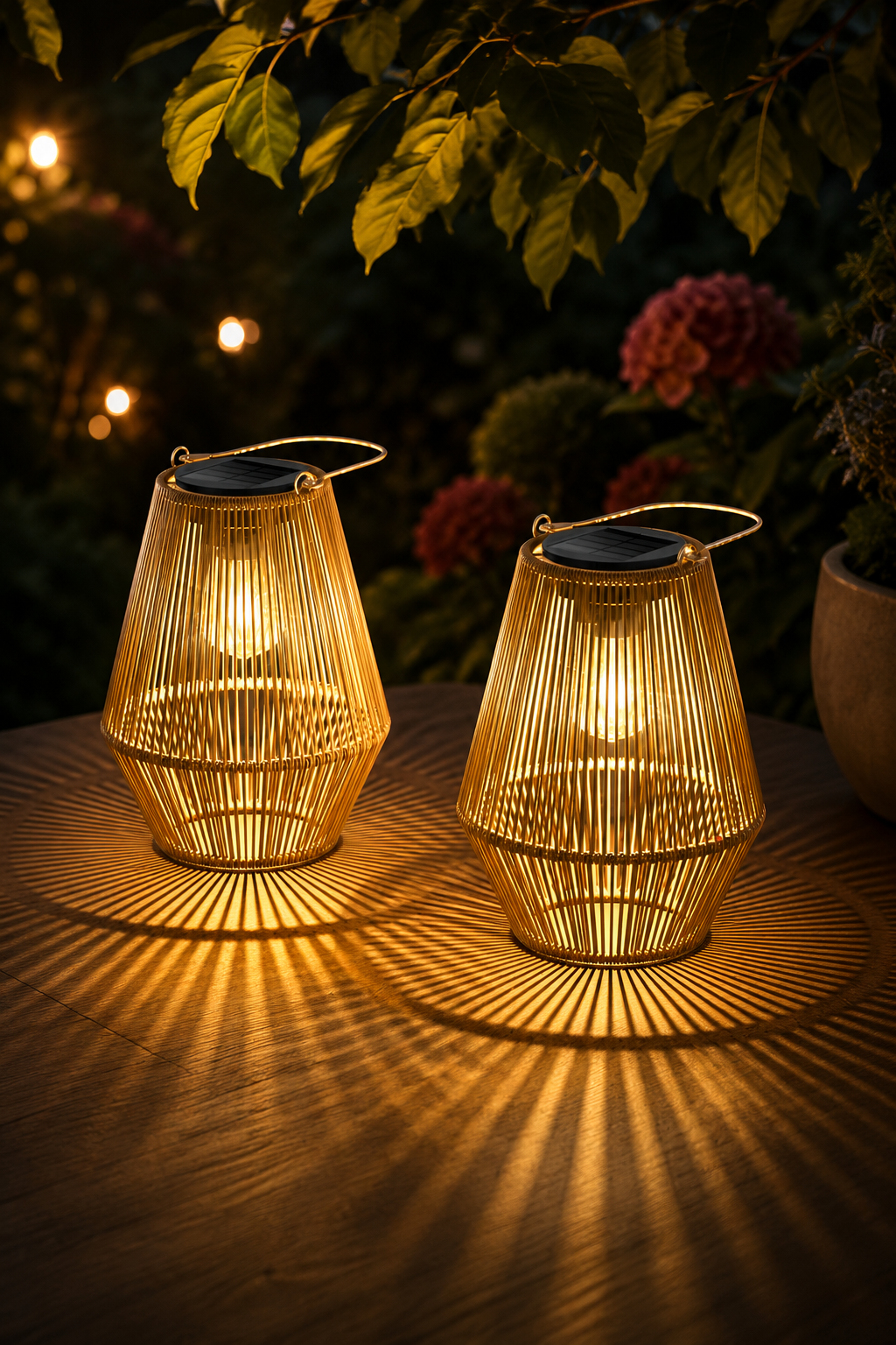 Woven rattan solar lanterns glowing warm light outdoors