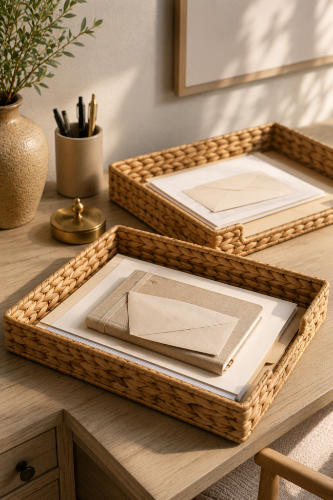 Woven water hyacinth letter tray holding papers and a notebook on a desk