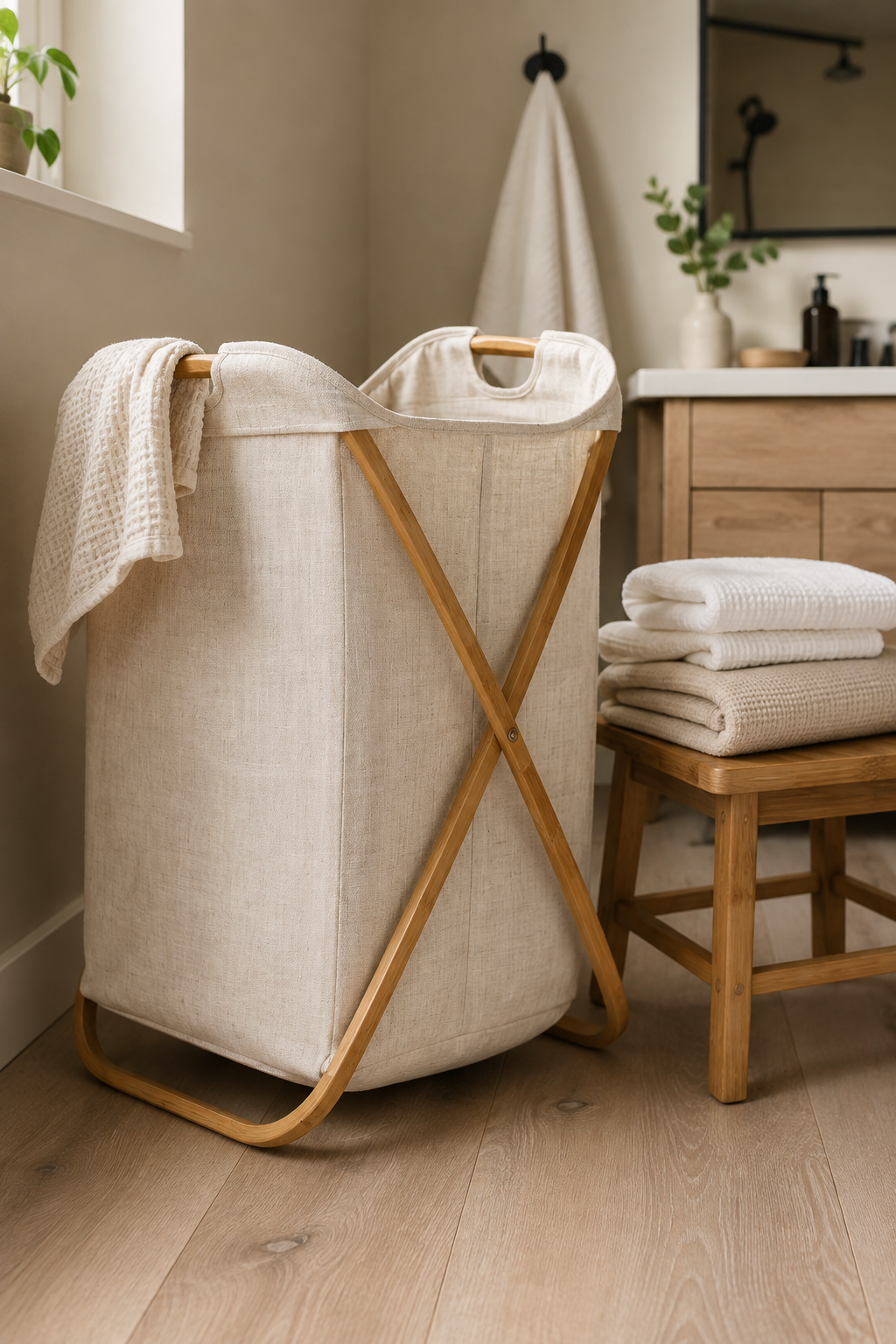 Beige fabric laundry hamper on a folding bamboo X-frame