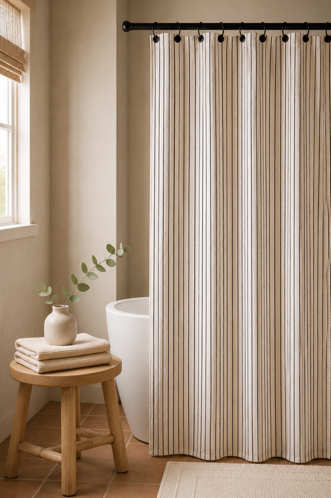 Black and cream striped woven shower curtain on a matte black rod