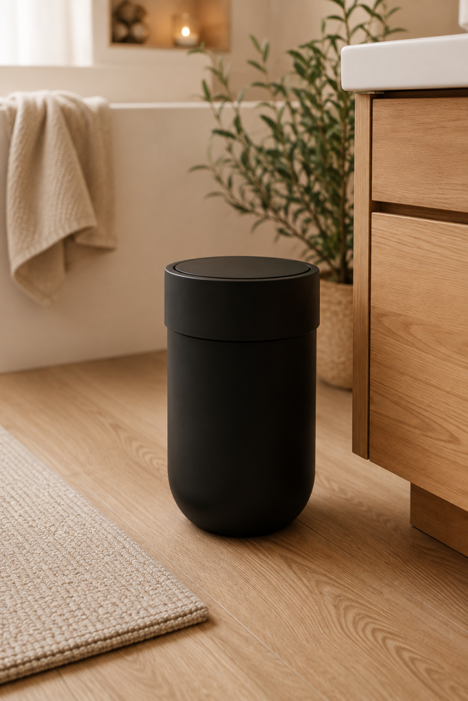 Matte black round bathroom waste bin with a swing lid