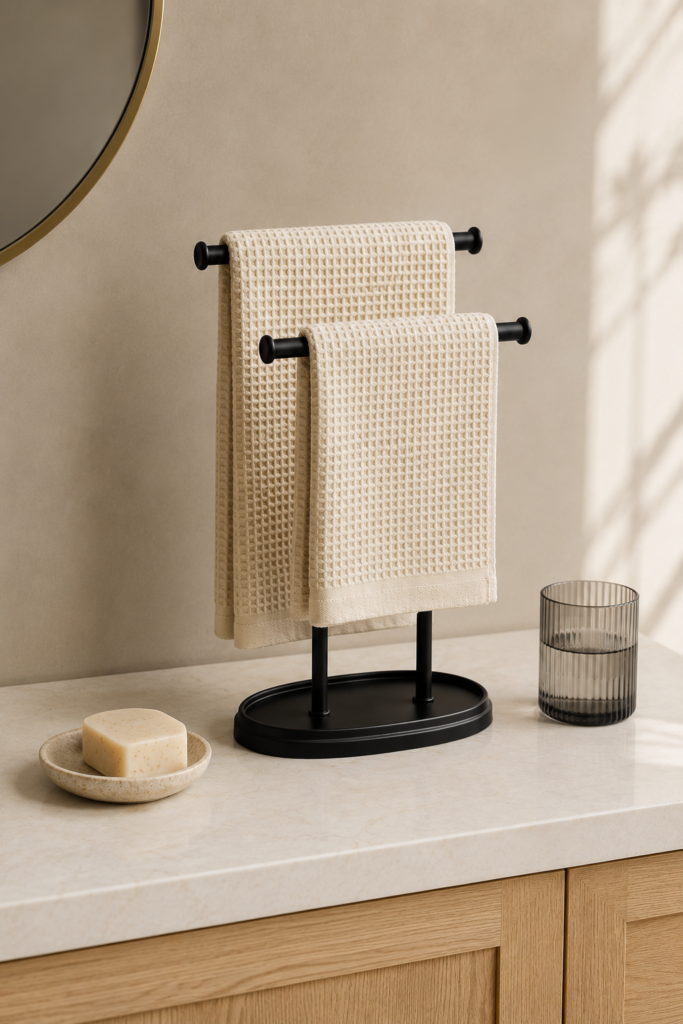 Black two-tier freestanding towel stand holding two hand towels