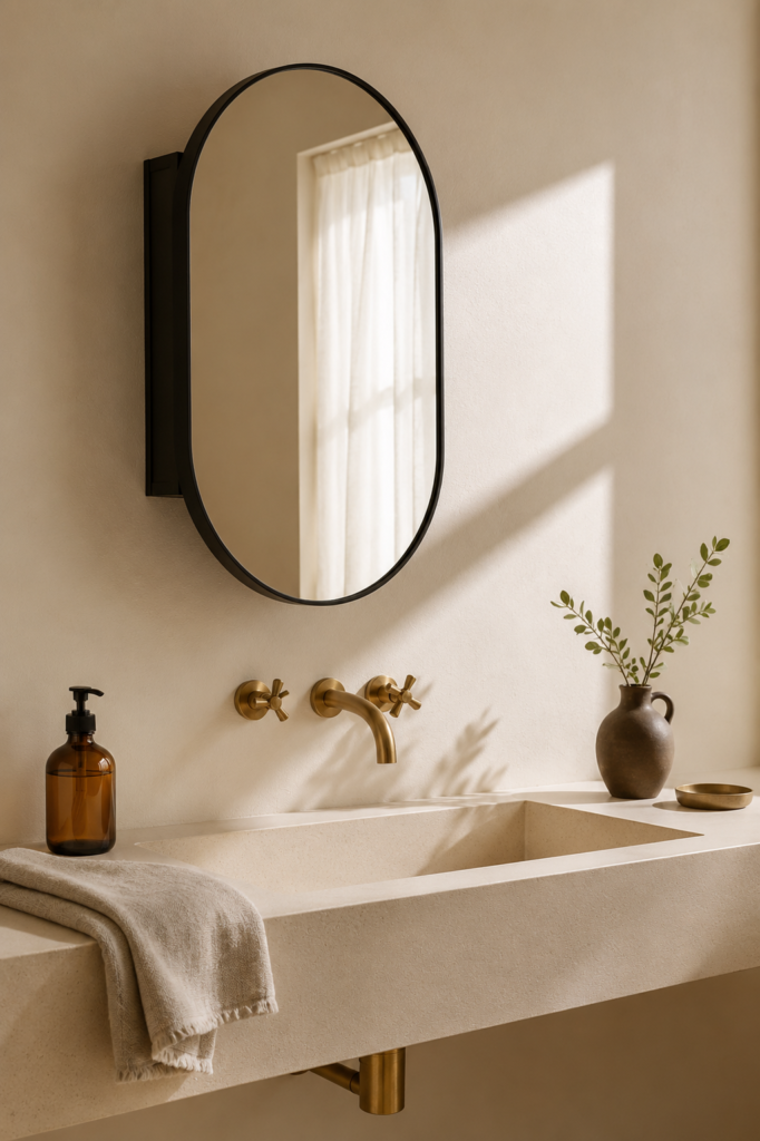 Black framed oval mirror cabinet with open shelving inside