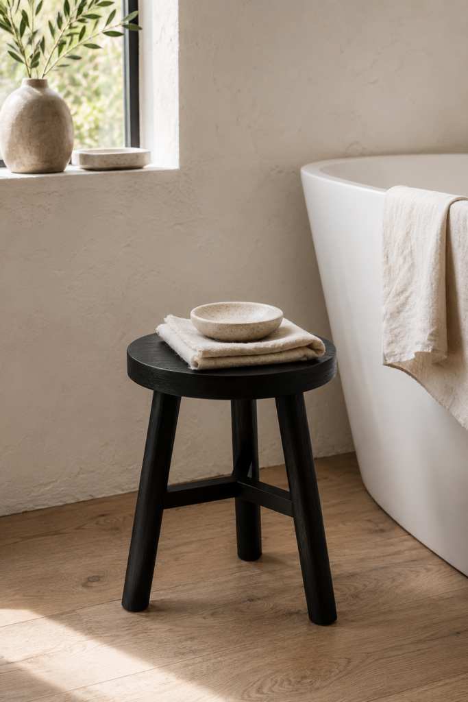 Small round black wooden stool with three tapered legs