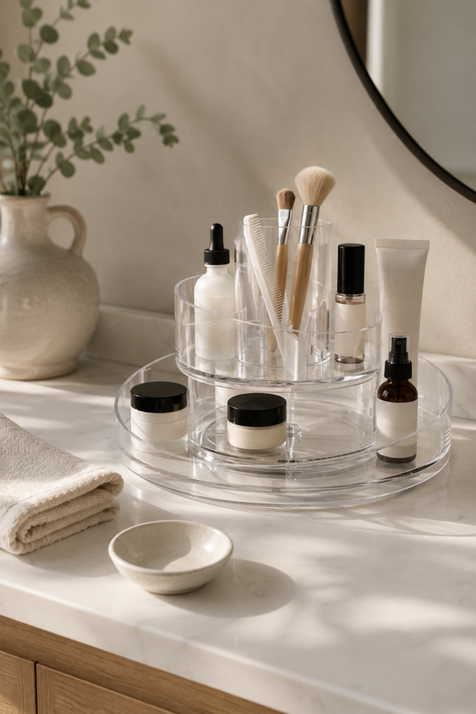 Clear two-tier rotating cosmetics organizer holding brushes and skincare bottles