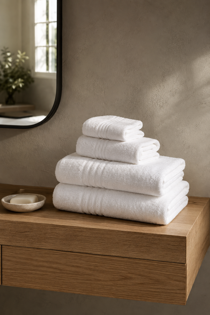 folded white Egyptian cotton bath towels on shelf
