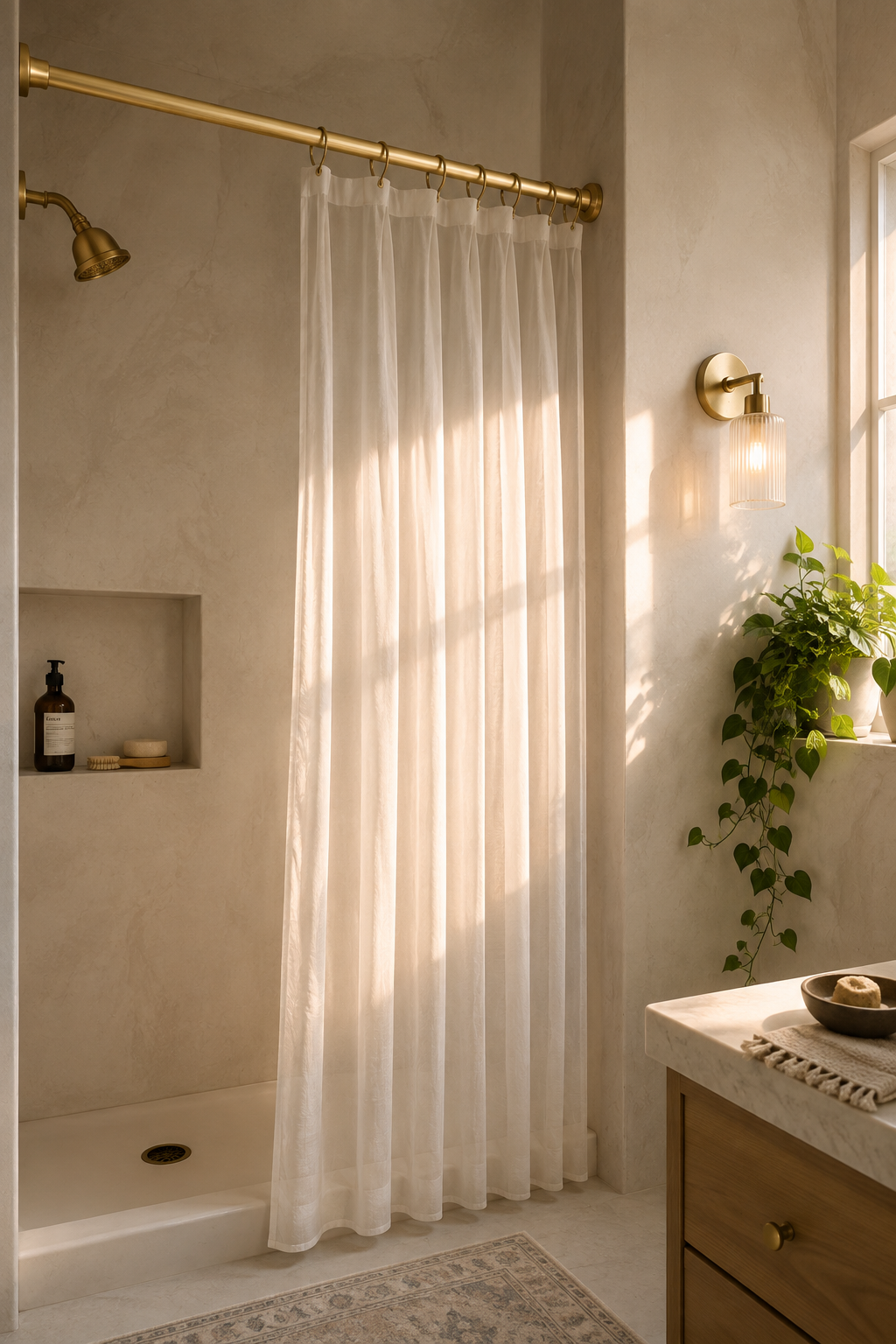 gold shower curtain rod mounted in bathroom shower