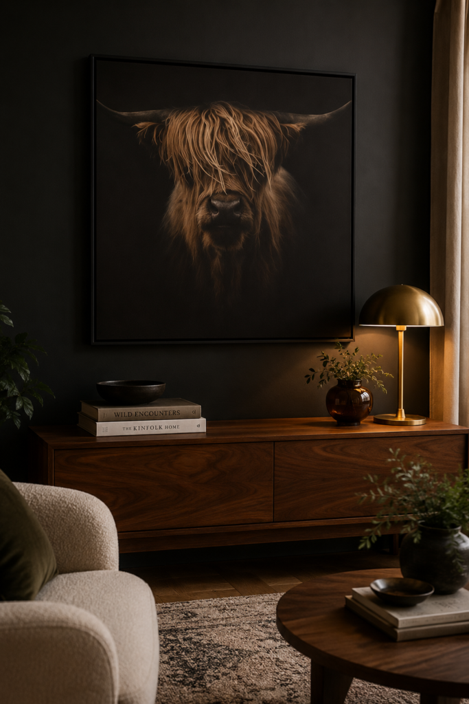 framed Highland cattle portrait canvas hanging on wall