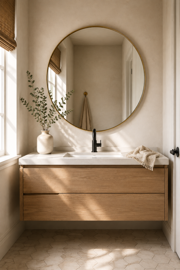 Large round mirror with a thin brass frame on a light wall
