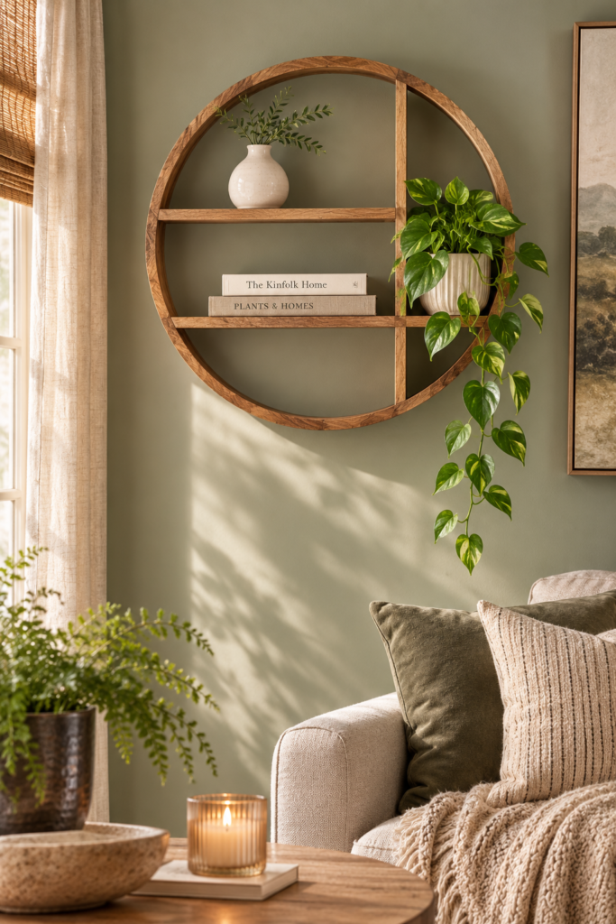 round mango wood shelf mounted on wall with decor