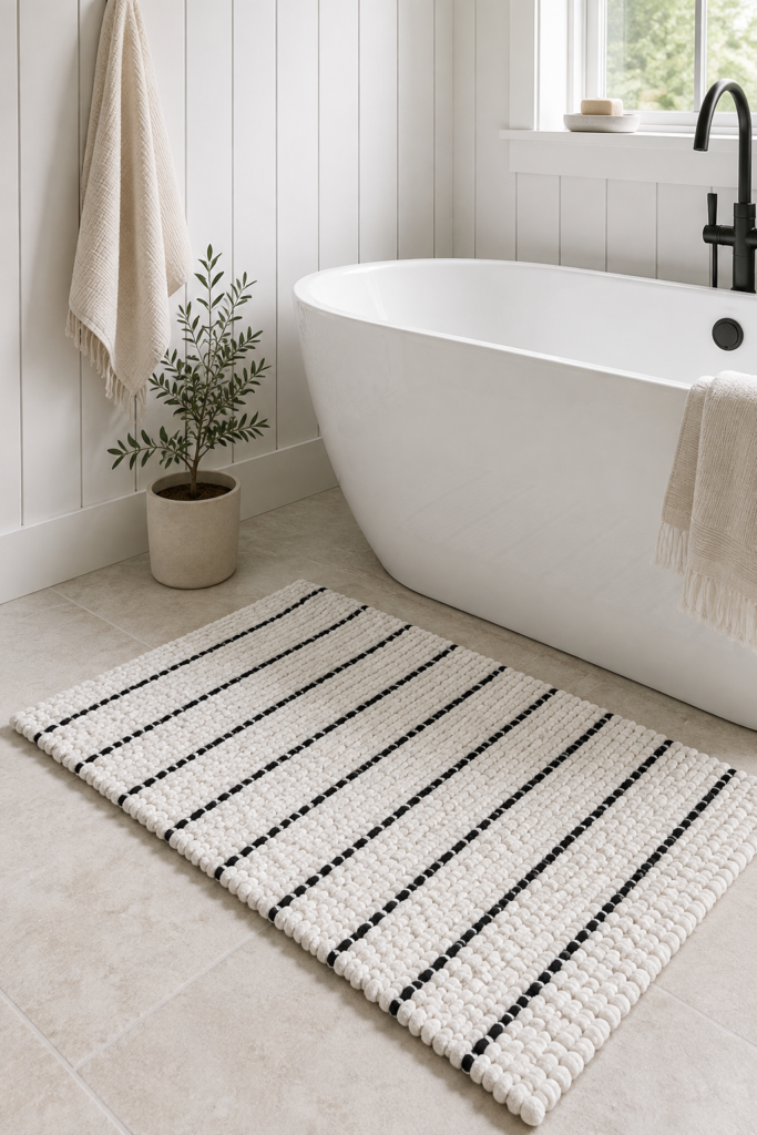 black and white striped wool bath mat on tile floor