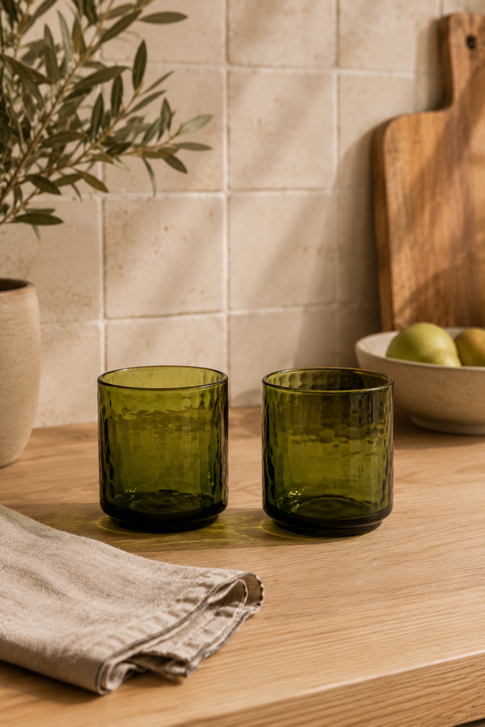 two textured olive green glass tumblers on counter