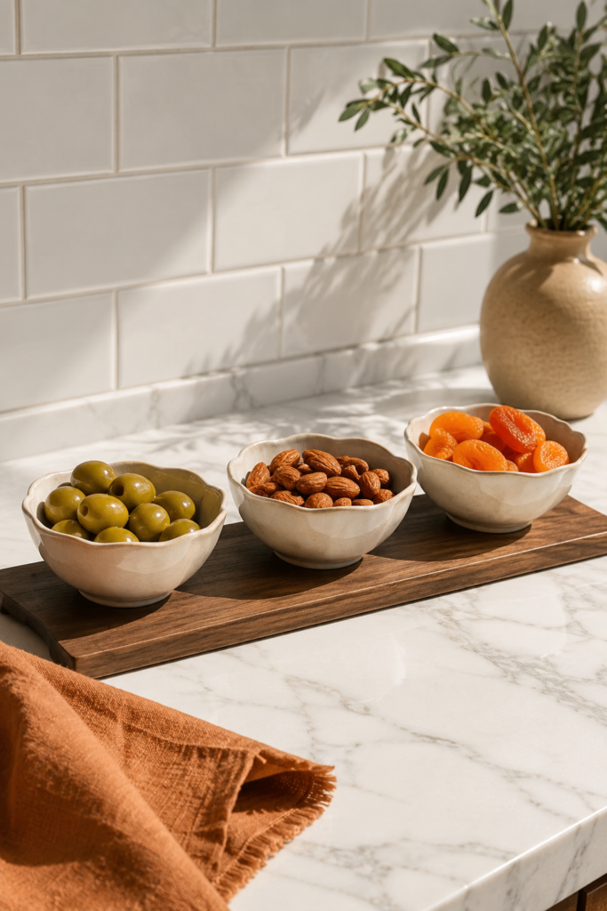 Three scalloped ivory ceramic bowls on a long dark wood tray