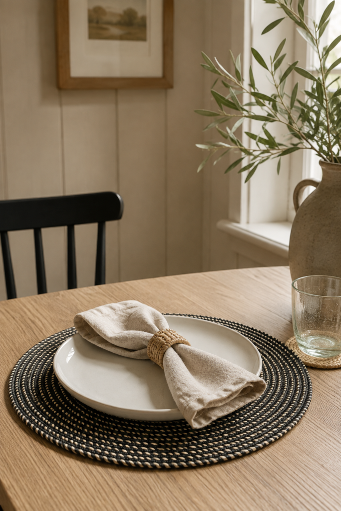 round black and ivory woven placemat on dining table
