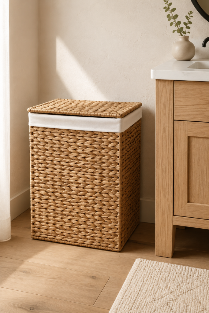 Woven water hyacinth laundry hamper with a lid and cream fabric liner
